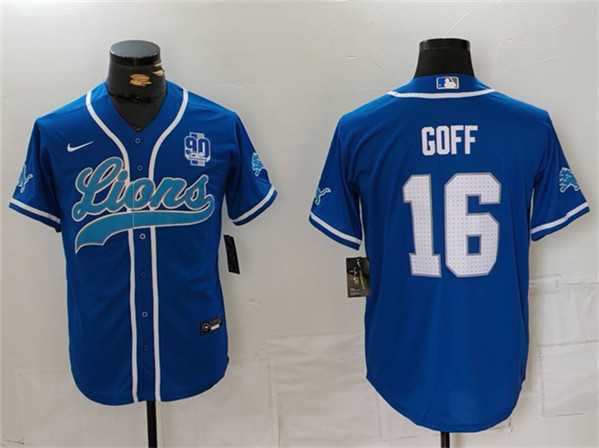 Men%27s Detroit Lions #16 Jared Goff Blue With 90th Anniversary Patch Cool Base Stitched Baseball Jersey